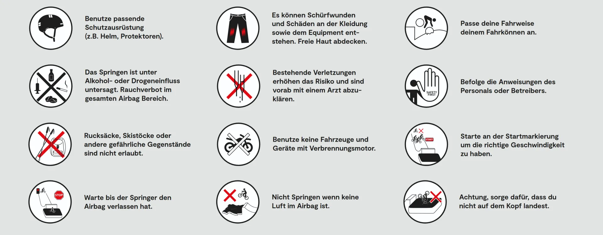 Zwölf Regeln am Airbag als Piktogramme: Schutzausrüstung, freie Haut abdecken, Fahrweise anpassen, kein Alkohol und keine Drogen, bestehende Verletzungen abklären, Anweisungen befolgen, keine gefährlichen Gegenstände, keine Verbrennungsmotoren, an der Startmarkierung starten, warten bis der Airbag frei ist, nicht ohne Luft springen, nicht auf dem Kopf landen